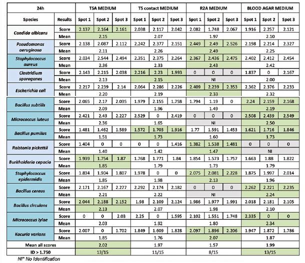 Identification : Tableau 5 : Exemple de résultat de robustesse, ici la comparaison de 4 types de milieux de culture après 24h d’incubation